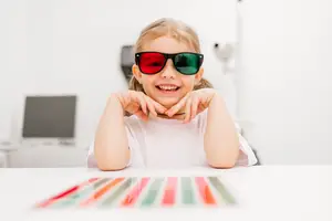 A young girl wearing red and green glasses is smiling and posing for a photo in a room with a table and a computer monitor.