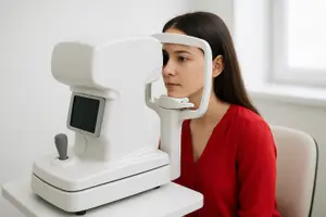 A woman is sitting on a chair and looking into a machine that seems to be an eye examination machine.
