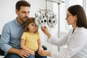 A young girl is sitting in a chair while a woman in a white coat examines her eyes using an ophthalmoscope.