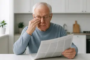 An elderly man with glasses is sitting at a table, holding a newspaper, and appears to be reading it. He has his right hand on his forehead and is wearing a light blue long-sleeve shirt. Behind him, there is a kitchen with a sink, a faucet, a chopping board, and a potted plant. On the left side, there is a window with a white curtain and another potted plant.