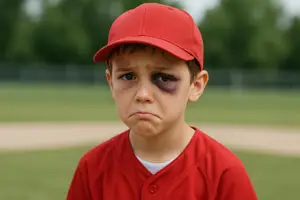 A young boy with a red baseball cap and jersey looks upset with a bruise around his eye.