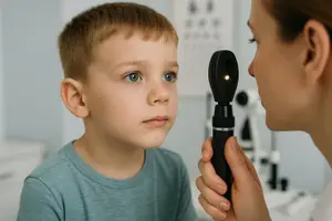 An optometrist examining a young boy's eyes with a black ophthalmoscope in a medical setting.