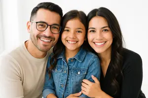 A family of three, consisting of a man, a woman, and a young girl, are smiling and posing for a photo.