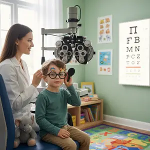 A child is sitting on a chair at an optometrist's office getting an eye exam.