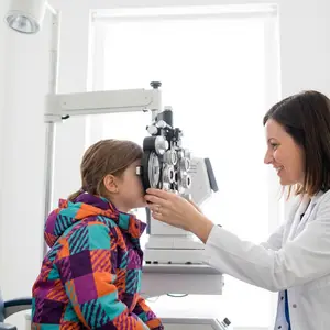 A woman doctor is examining a young girl's eyes with a phoropter in a clinic.