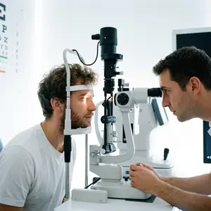 A man wearing a white shirt and a headband is looking through an eye exam machine while a man in a white shirt is looking at him in a clinic