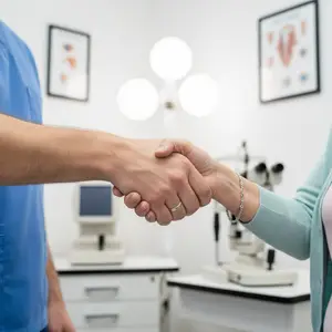 A doctor shakes hands with a patient in a medical office