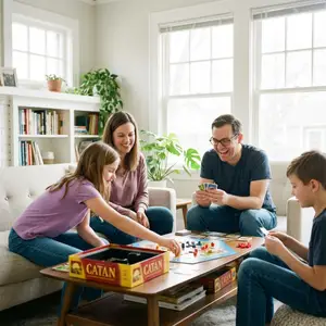 Four people sitting on a couch and playing Catan. A woman smiles as she plays with her two children. The father holds cards and laughs as the boy looks on.