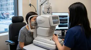 An older woman with short hair wearing a mask is getting her eyes examined by a woman in a blue shirt.