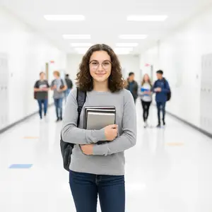 student walking down the hall with books in hand
