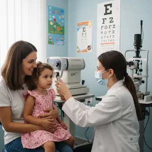 A young girl is having her eyes checked by an optometrist in a child-friendly clinic setting.