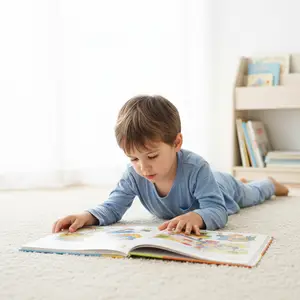 A young boy is lying on the floor reading a book