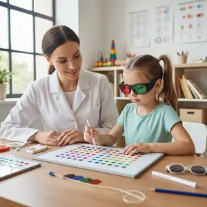 A woman in a white lab coat and a young girl in glasses sit at a desk, interacting with a colorful board.