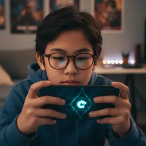 A young boy wearing glasses is playing a game on his phone