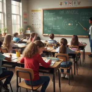 A classroom with children sitting at desks and a teacher writing on a chalkboard.