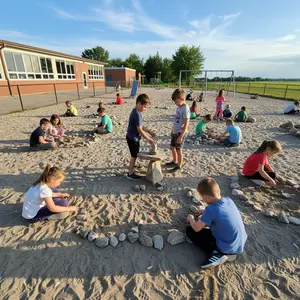 A group of children playing in a sandbox at a school playground, some sitting and others standing or kneeling on the sand, with a building and trees in the background under a partly cloudy sky.