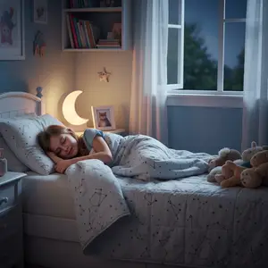 A young girl is sleeping peacefully in her bedroom with a lit nightlight, a picture frame on the nightstand, and a star sticker on the wall.