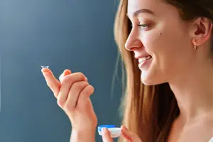 A woman with long hair is smiling and holding a blue and white object, possibly a contact lens, in her hand. She is probably posing for a photo.