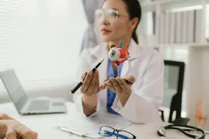 Woman doctor explaining human eye model to patient