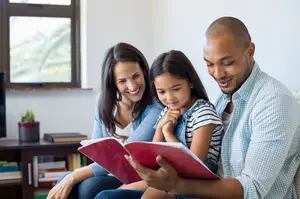A family is sitting on a couch reading a book together