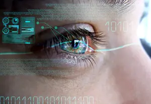 A close-up view of a woman's eye with a digital interface overlaying her iris