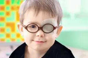 A young boy with an eye patch wearing brown-framed glasses, smiling in a classroom