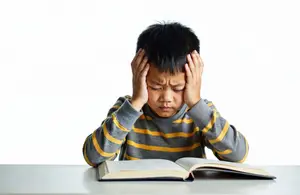 A young boy is sitting at a desk with an open book in front of him, his head in his hands, and he looks stressed.