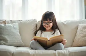 A young girl wearing glasses sits on a couch and reads a book while smiling.