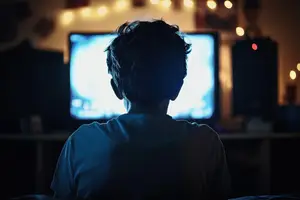 A boy sitting on a bed watching a TV