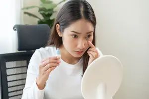 woman sitting in front of mirror applying eye drops