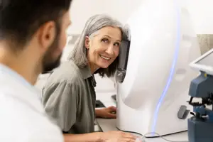 A woman is getting her eyes checked by a doctor in a clinic room.