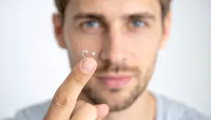 Close-up of a man holding a contact lens with a light background