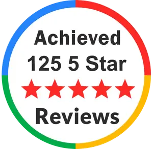 125 5 Star Reviews achieved in a circle with a blue, green, and yellow border.