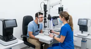 A man having his eyes examined by a woman in a clinic