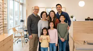 A family stands in an optometrist's office with their doctor