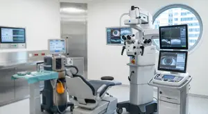 Medical equipment in a hospital operating room includes a microscope, monitors, and an examination chair.