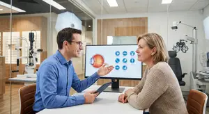 Optometrist and patient reviewing eye test results on a computer screen
