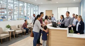 Employees at an eye care clinic with families and patients in the background.