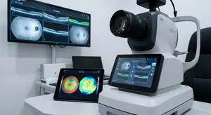 A medical imaging device, possibly a fundus camera, is positioned on a white desk with a tablet displaying eye images, next to a monitor and a black chair.