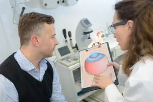 An optometrist showing a patient an illustration of an eye