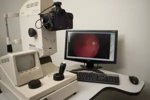 An eye examination device, a camera, and a monitor are on a desk.