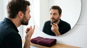A man is staring at himself in the mirror as he puts in his contact lens.