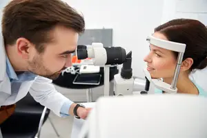 A man and a woman are examining the woman's eyes using an ophthalmoscope.