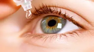 A close-up of a woman's eye with eyelashes, with a drop of eye drops falling into the eye