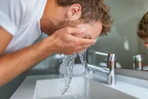 A man is washing his face with water from a faucet