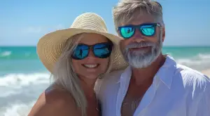 A man and a woman are smiling and posing for a photo on the beach