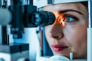 A woman with brown hair and red lips is looking into an eye exam machine, her eyes closed and a light shining on them.