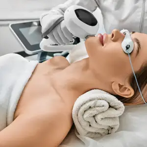 A woman is getting a laser treatment for her face in a spa