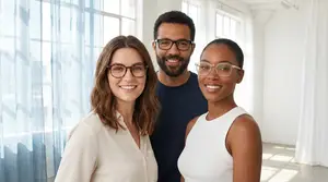 Three people wearing glasses are smiling and standing together in a room with white walls and windows with blue curtains.