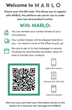 An image that guides users on how to scan a QR code to register for the MARLO platform to order eye care products online